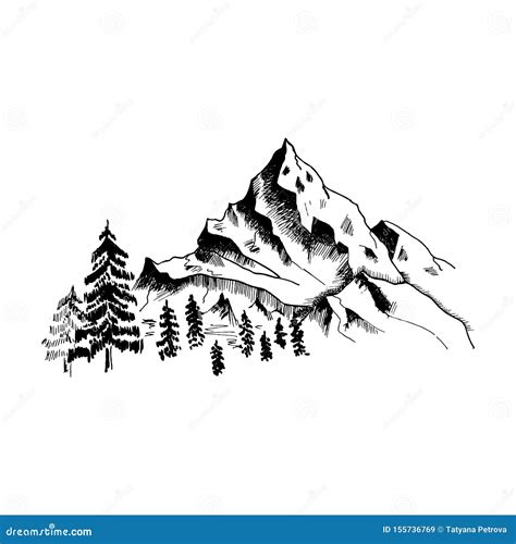 Mountain Sketch. Hand Drawn Black Mountains and Forest, Isolated on White Stock Vector ...