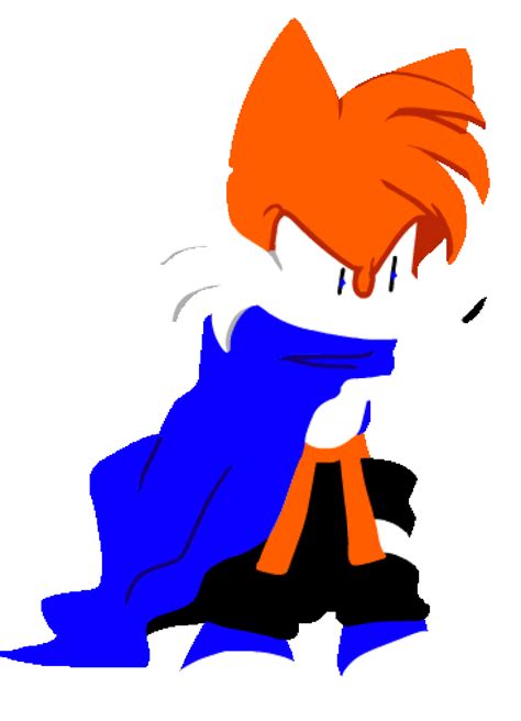 an orange and blue cartoon character sitting on the ground with his head tilted to the side