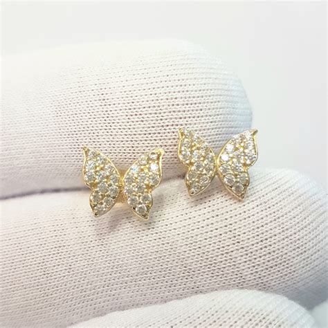 14K Real Solid Gold Butterfly Stud Earrings for Women