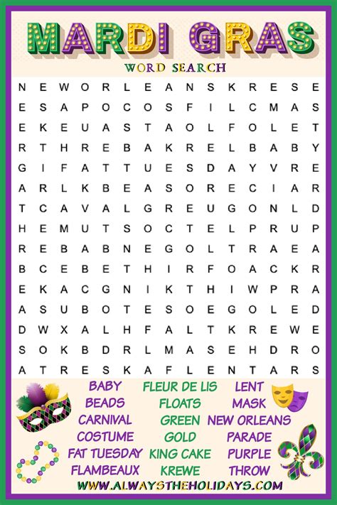 Mardi Gras Word Search with Answers - Free Mardi Gras Printable