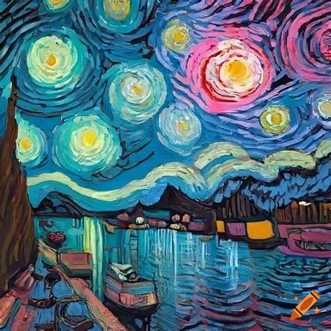 Van gogh inspired pink and cyan starry night painting