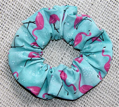 Tropical Vacation Beach Flamingo on Tiel scrunchie. Spring scrunchie ponytail holders Country ...