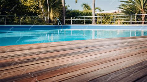 Premium AI Image | A wooden deck with a pool in the background