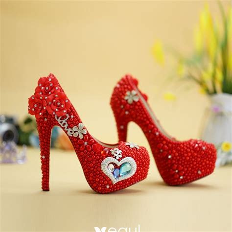 Chic / Beautiful Red Wedding Shoes 2019 Appliques Pearl Crystal Rhinestone 14 cm Stiletto Heels ...