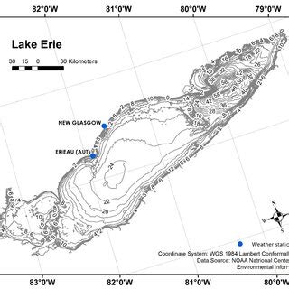 Bathymetry of Lake Erie. Lake depth contours are in meters. The ...