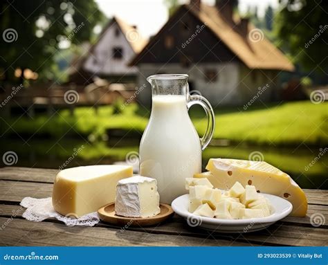 Table with Board of Different Types of Cheeses and Milk on Farmhouse ...