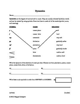 Dynamics Worksheet Grades 3-8 by Maggie's Muses | TPT