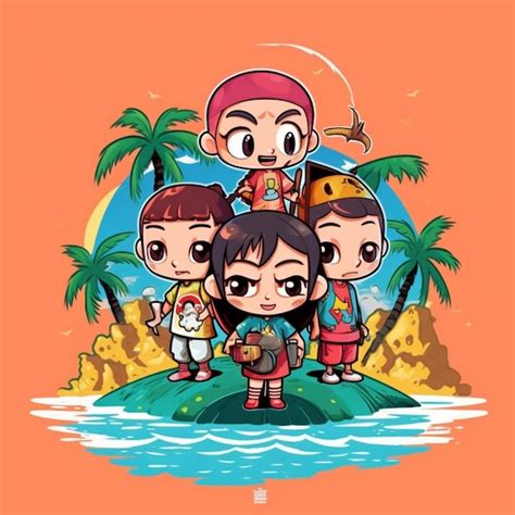 Premium AI Image | A group of cartoon characters standing on top of a small island generative ai