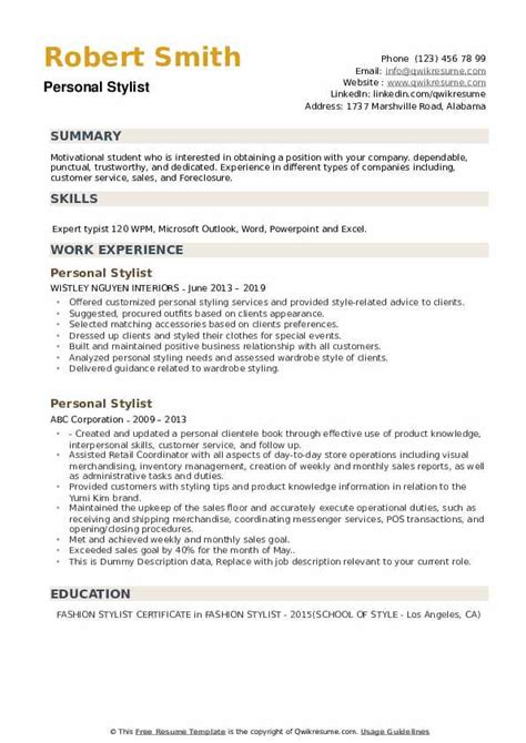 Personal Stylist Resume Samples | QwikResume