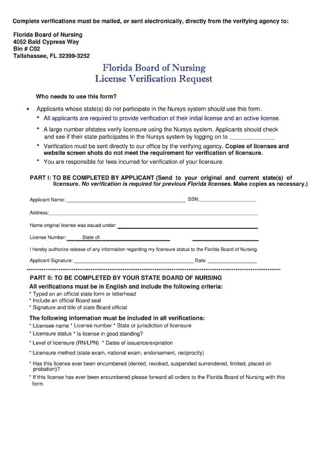 License Verification Request - Florida Board Of Nursing printable pdf ...