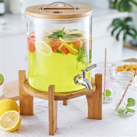 Glass Beverage Dispenser with Wood Stand - Drinking Dispenser and ...