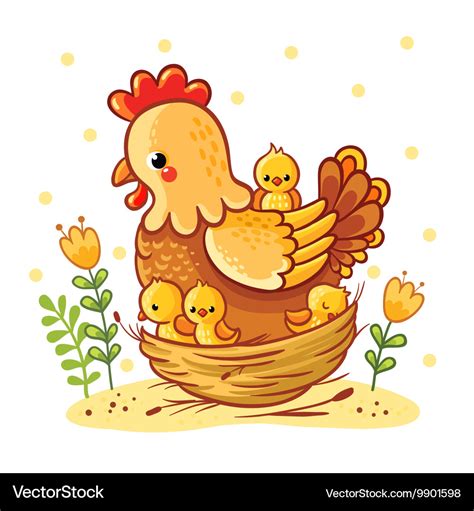 Cute cartoon hen with chickens sitting in a basket