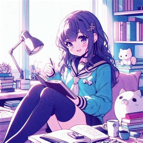 Premium AI Image | Anime girl in her room studying for an exam manga in screen tones style drawing