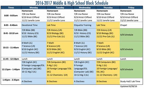 High School Schedule Template Unique Block Schedule for Middle & High School – Faith Christian ...