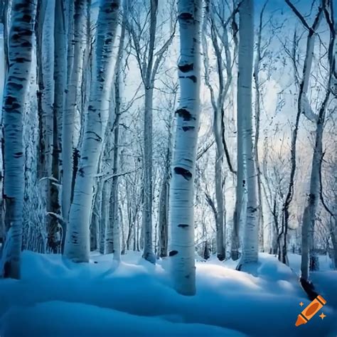 Snow-covered aspen trees in a stunning winter scene on Craiyon