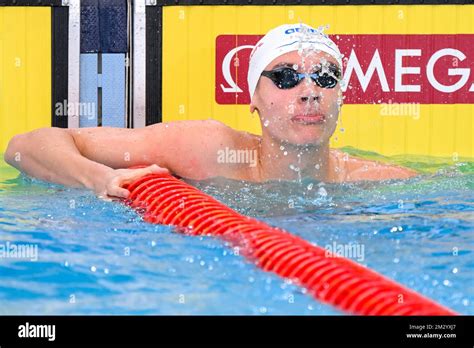 David Popovici of Romania reacts after compete in the 100m Freestyle Men Heats during the FINA ...