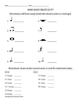 This 20 question worksheet asks students to tell how many beats common ...