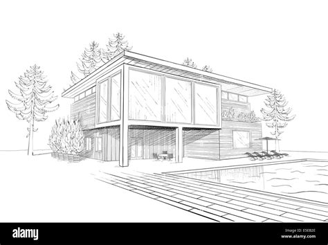 Black and white sketch of modern suburban wooden house with swimming ...