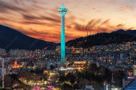 Busan city skylight and Busan tower at night in Korea. Stock Photo ...