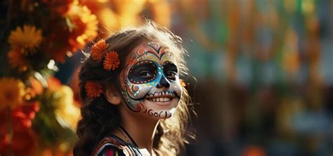 Premium Photo | A joyful child honoring the Day of the Dead with face paint of a skull Generative Ai