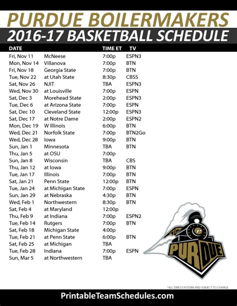 Printable Purdue Basketball Schedule