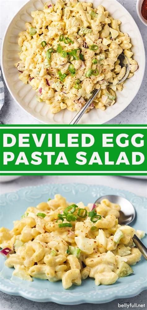 this is an image of deviled egg pasta salad on a plate with the title ...