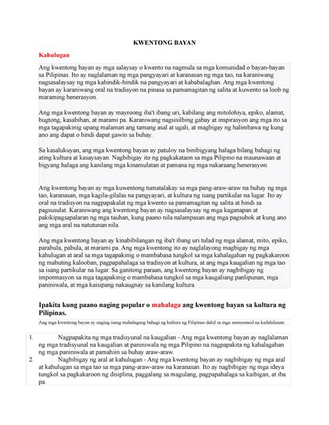 Kwentong Bayan - n/a - KWENTONG BAYAN Kahulugan Ang kwentong bayan ay mga salaysay o kwento na ...