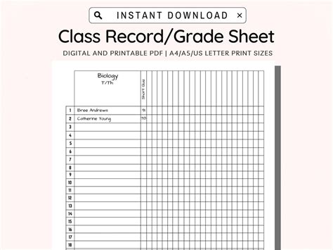 Printable Class Record, Grade Sheet, Class Gradebook, Teacher Gradebook ...