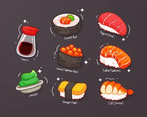 Free Vector | Set of sushi cartoon hand draw illustration