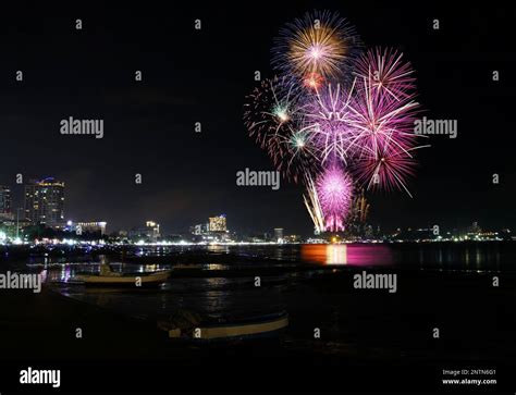 Fireworks show at Pattaya beach, Major attractions of Chonburi Province in Thailand Stock Photo ...