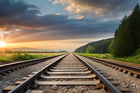 Premium Photo | Train tracks with a sunset in the background