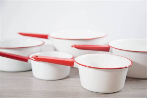 Enamel Cooking Pots / Set of 5 Vintage Red and White Porcelain and Enamel Rustic Camping ...