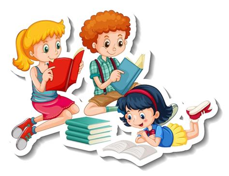 Free Vector | Sticker template with children reading their books on white background