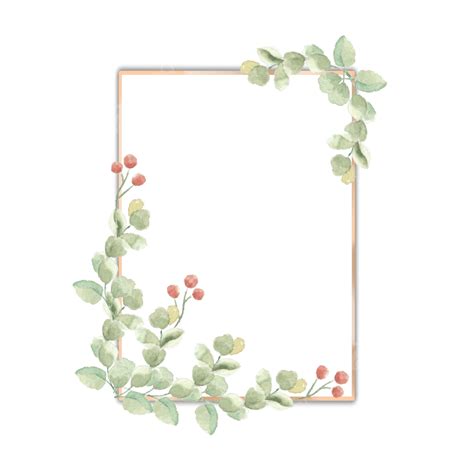 Romantic Eucalyptus Leaves And Cherry Watercolor Gold Frame, Wedding, Gold, Frame PNG ...