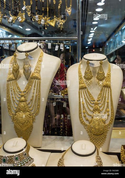 Window display of gold necklace and ornaments in Dubai gold souk, United Arab Emirates (UAE ...