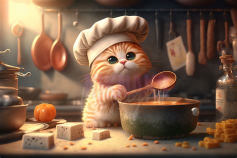 a cat in a chef's hat is stirring something into a pot with a spoon