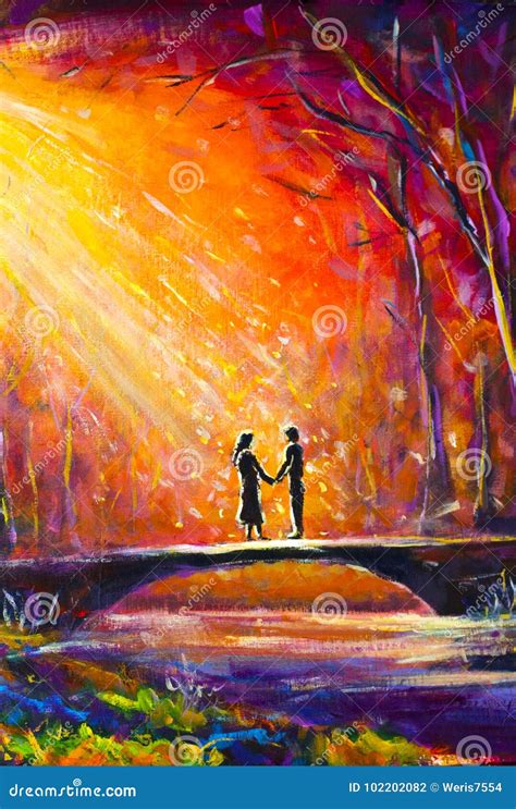 Lovers on Bridge in Woods at Night. Romantic Rays on Lovers. Love ...