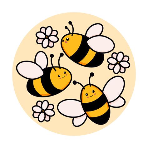 Cute set of bees in a round frame vector illustration in doodle style. Colorful collection of ...