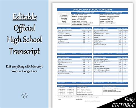 Fillable Printable High School Transcript Template Homeschool - Etsy