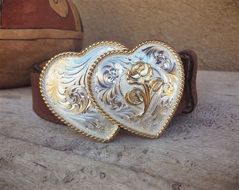 Silver Plated Double Heart Western Belt Buckle for Women on Genuine Leather Belt Size 32 Waist