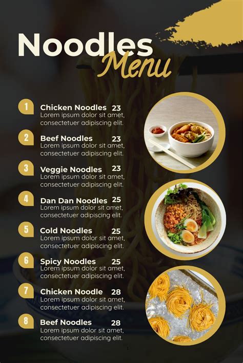 the menu for noodle's restaurant is shown in yellow and black, with gold accents