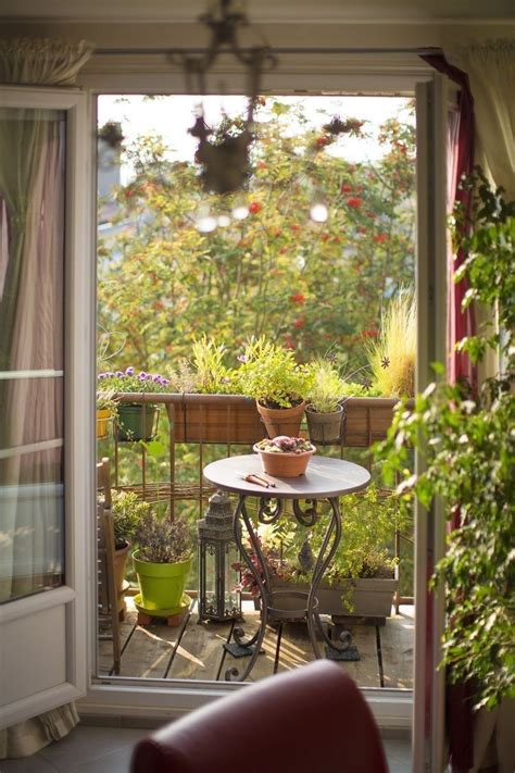 an open door leading to a balcony with potted plants on the table and ...