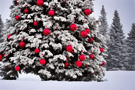 Beautiful Snowy Country Christmas Tree with Red Decorations · Creative ...