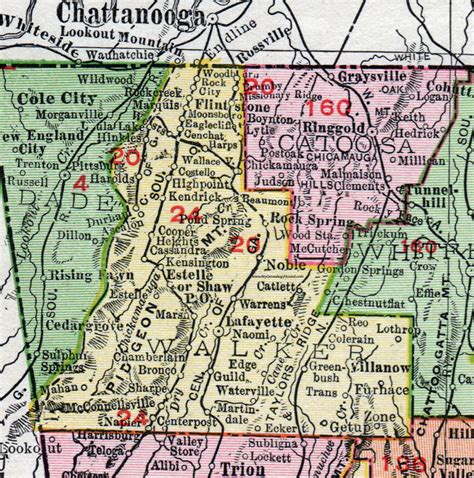 Walker County, Georgia, 1911, Map, Rand McNally, Lafayette, Flintstone, Chickamauga, Rock Spring ...