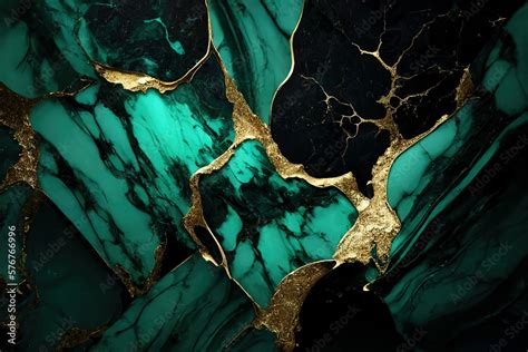 marble background of emerald green color with gold trim or gold threads ...