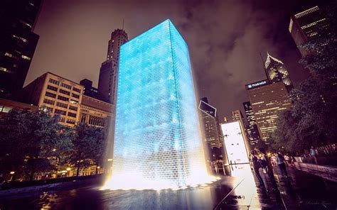 HD wallpaper: white and blue high-rise building, Chicago, fountain, glowing | Wallpaper Flare