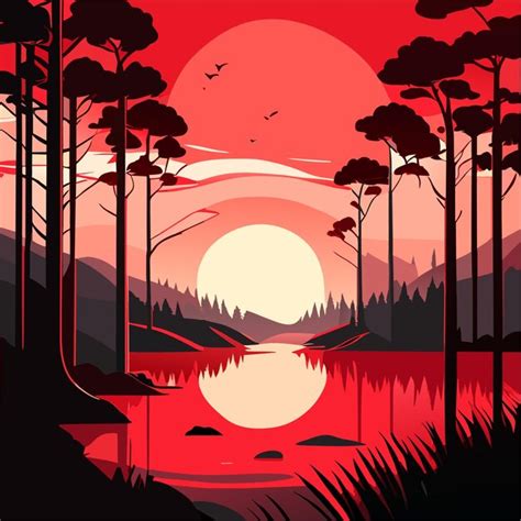 Premium Vector | Sunset on lake red sky with sun going down the pond ...