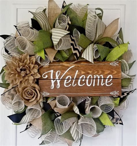 Beautiful Welcome Wreath, Everyday Wreath, Spring Wreath, Front Door Wreath, Decomesh Wreath ...