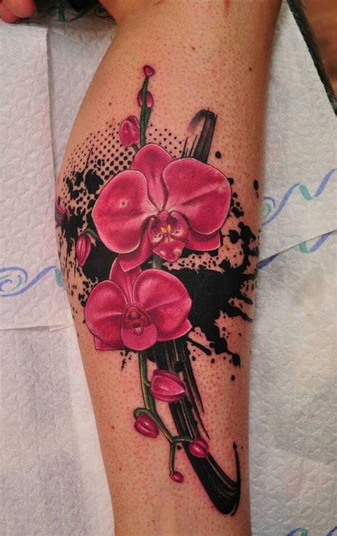 Pink Orchid tattoo, black splatters and dots | Tattoos for women, Orchid tattoo, Ink tattoo