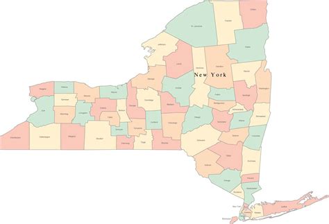 Multi Color New York State Map with Counties and County Names